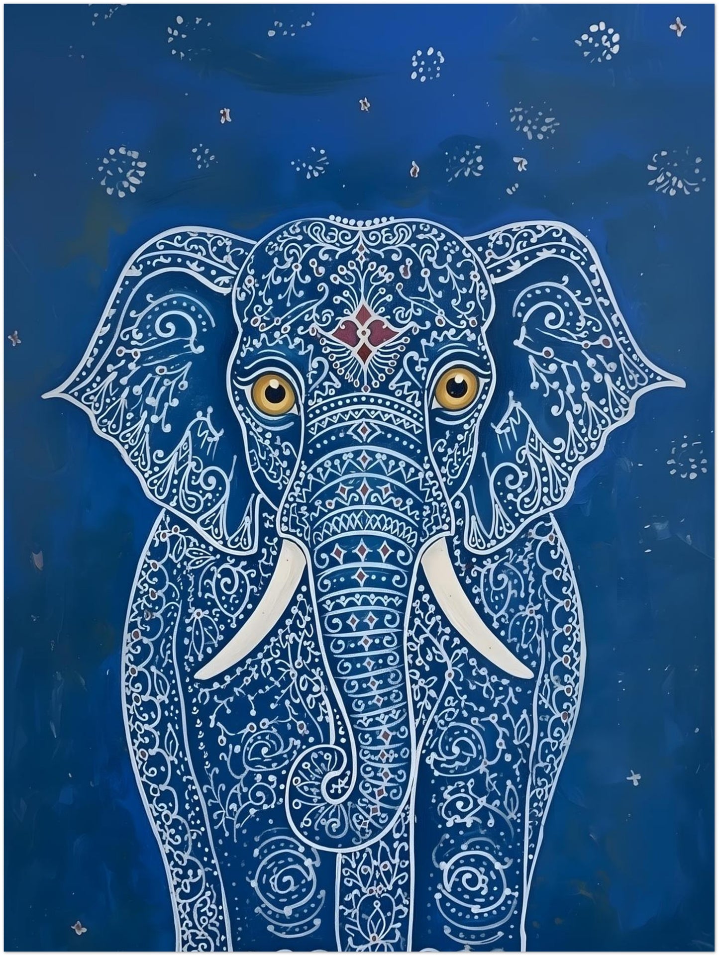 Thumbnail image of the 12x16 unframed Blue Indian Elephant Poster. The design shows a centred elephant portrait filled with white ornate pattern lines, large gold eyes, white tusks and a rich blue background. A flexible elephant art print size for modern wall decor, suitable as a standalone focal point or part of a gallery wall with Indian-inspired and eclectic styling.