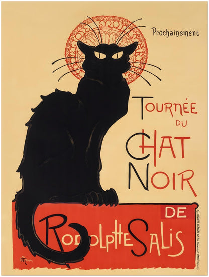 12x16 inch unframed Tournée du Chat Noir poster showcasing the classic Steinlen black cat and bold red typography. This French Art Nouveau cabaret print provides a compact yet detailed view of Belle Époque Paris theatre art, ideal for smaller walls, office decor or curated gallery wall poster arrangements.