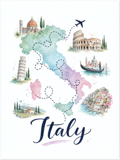 Unframed 12 x 16 inch Italy travel poster with a hand-painted pastel map of the country. Green, blue, pink and purple regions are surrounded by illustrated Italian buildings, monuments and coastal details, linked by dotted routes and a small aeroplane. Navy Italy script gives the portrait wall art a clear decorative focal point.