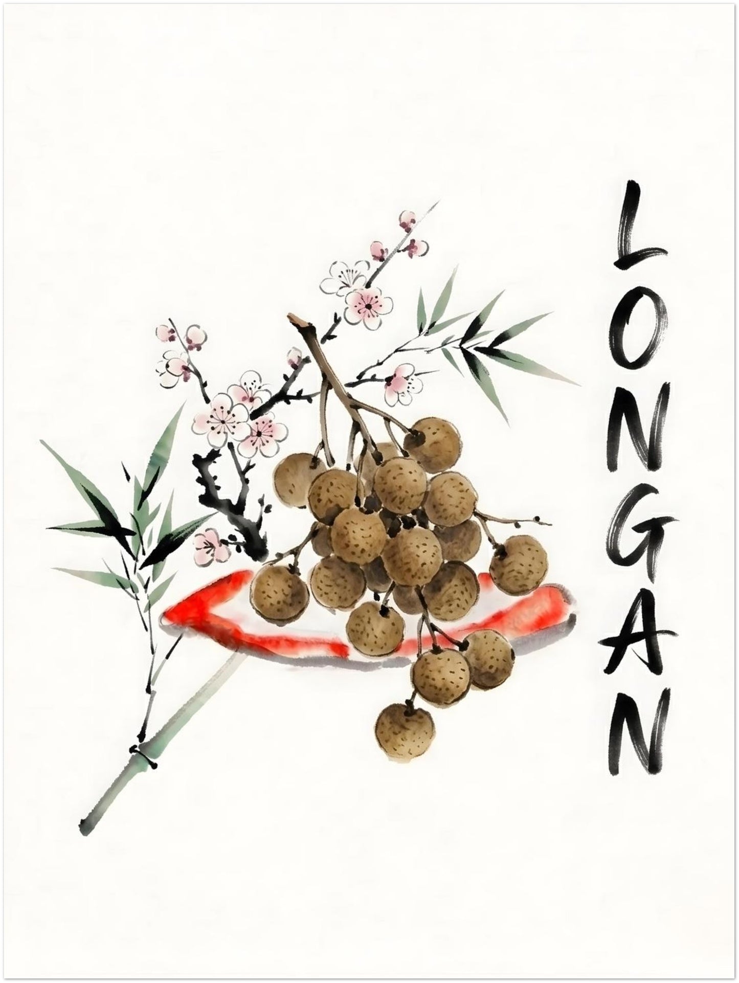 12x16 inch unframed Thai longan watercolour print with natural brown fruit, green bamboo leaves, pale blossom detail and vertical brush lettering on a clean white background. A minimalist Asian fruit poster for kitchen wall art, dining spaces, food decor and Thailand inspired homes.