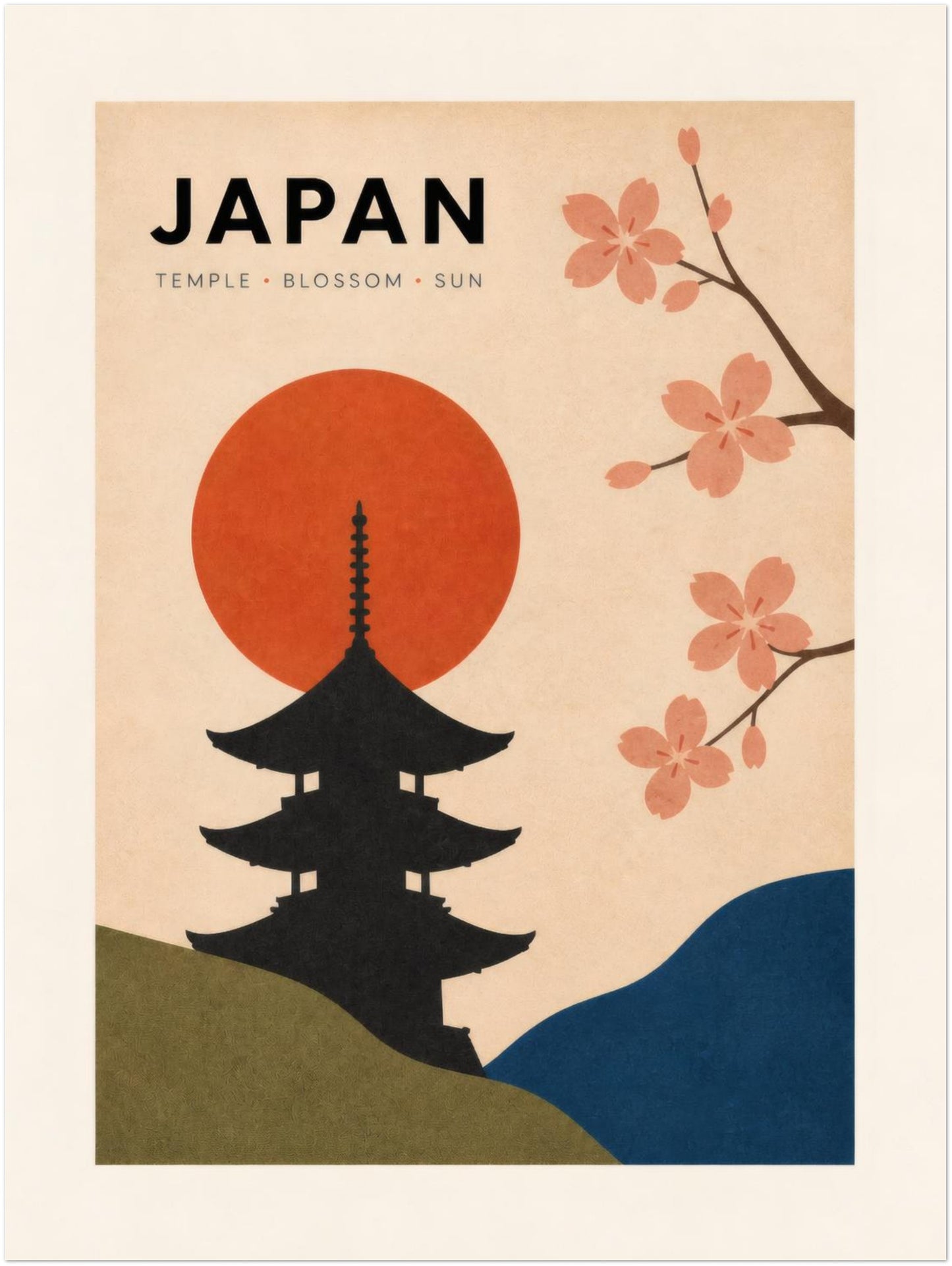 Unframed 12 x 16 inch Japan travel poster with a bold black pagoda in front of a red rising sun. Pink cherry blossoms frame the upper side, while olive green and dark blue hills shape the base. The warm cream background gives this retro Japanese wall art a calm, vintage look for living rooms, bedrooms and offices.