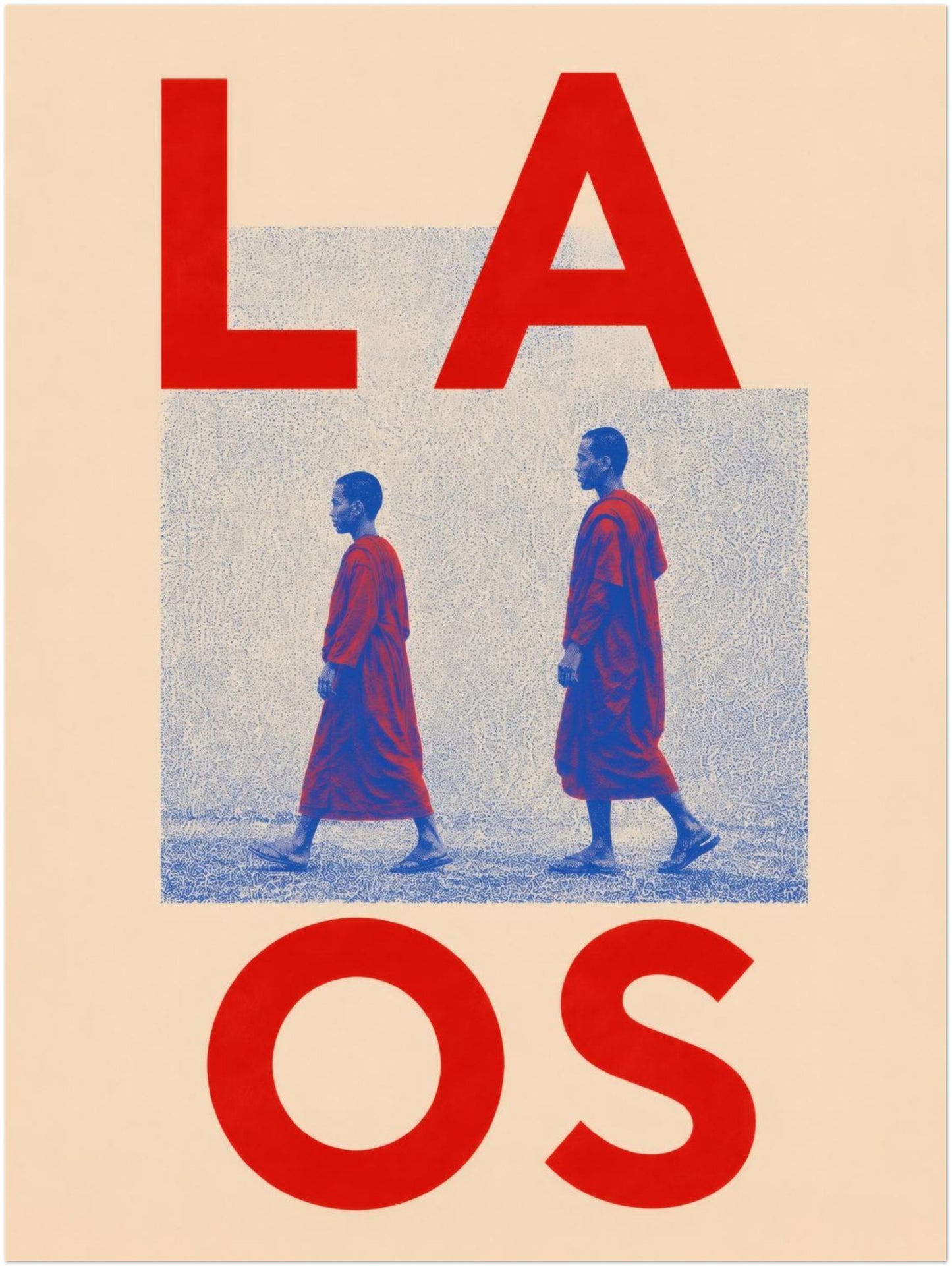12 x 16 inch unframed Laos monks wall art with two walking figures in red and blue, oversized country lettering and a textured cream graphic poster design.