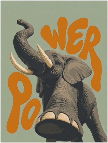 12x16 unframed retro elephant poster featuring a close front view of a grey elephant with curved trunk, large tusks and orange hand-style lettering on a green background. A colourful animal wall print for bedrooms, hallways, offices, nurseries or safari-inspired home decor.