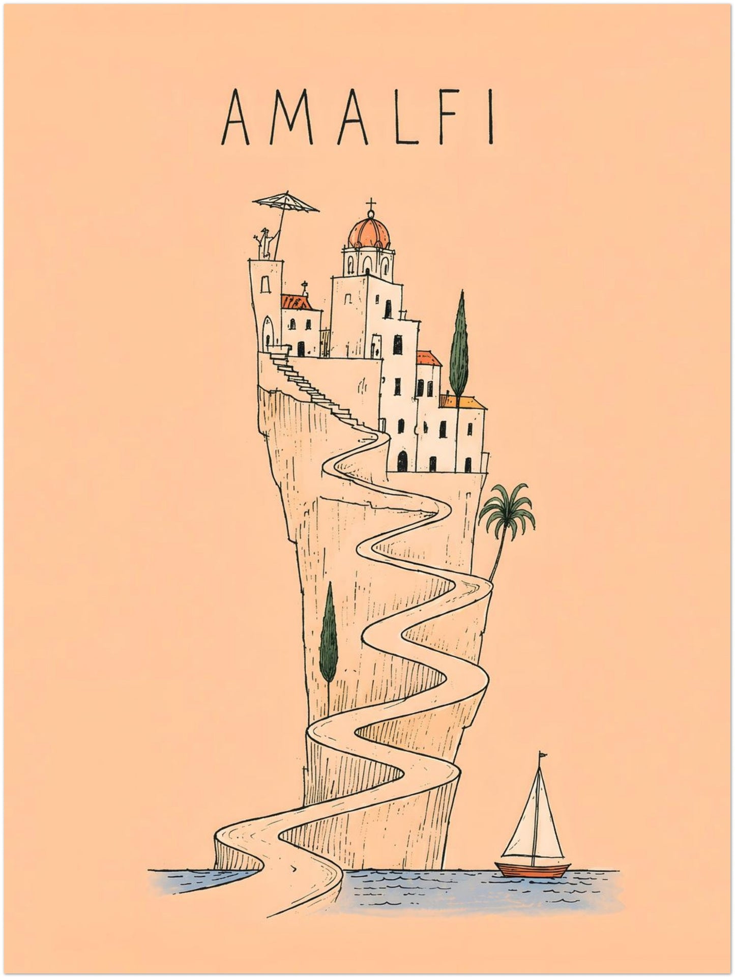 12 x 16 inch Amalfi Coast poster depicting a southern Italian village perched above a winding cliff road, finished with delicate black linework and a warm peach colour palette.