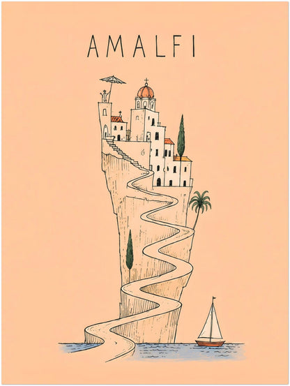 12 x 16 inch Amalfi Coast poster depicting a southern Italian village perched above a winding cliff road, finished with delicate black linework and a warm peach colour palette.