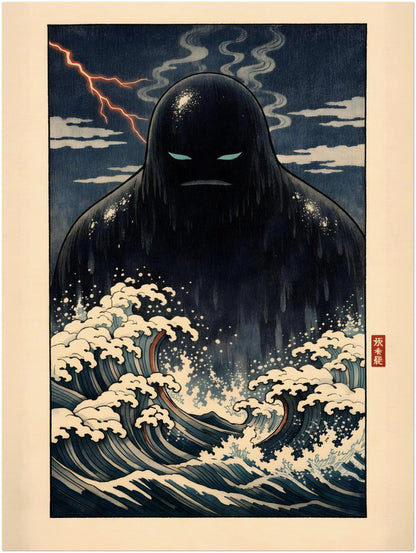 12x16 inch unframed Japanese yōkai art print depicting the Umibōzu sea spirit emerging from swirling ocean waves beneath a dark atmospheric sky. The design features detailed cream wave crests, deep navy water and a minimal red seal mark. A compact folklore poster blending traditional Japanese ocean imagery with contemporary wall art appeal.