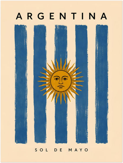 12 x 16 inch unframed Argentina poster featuring textured blue vertical stripes on a warm cream background. The golden Sun of May with its recognisable face sits at the centre of the composition, accompanied by Argentina and Sol de Mayo lettering. This vintage-inspired Argentine flag print suits travel-themed and cultural wall displays.