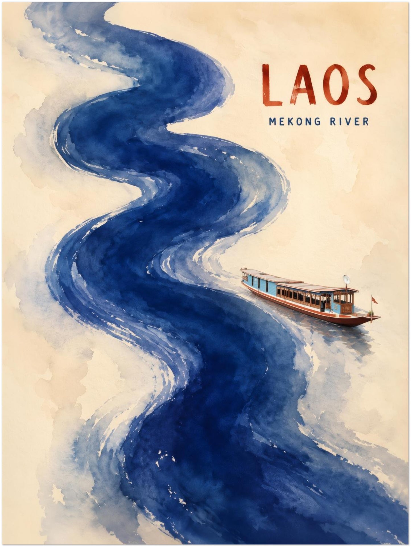 Unframed 12 x 16 inch Laos travel print depicting the Mekong River as a bold serpentine blue watercolour form across a warm off-white background. A small wooden longboat appears near the lower right, balanced by red LAOS wording at the top. Textured Southeast Asian poster art with a clean vertical composition and natural painted movement.