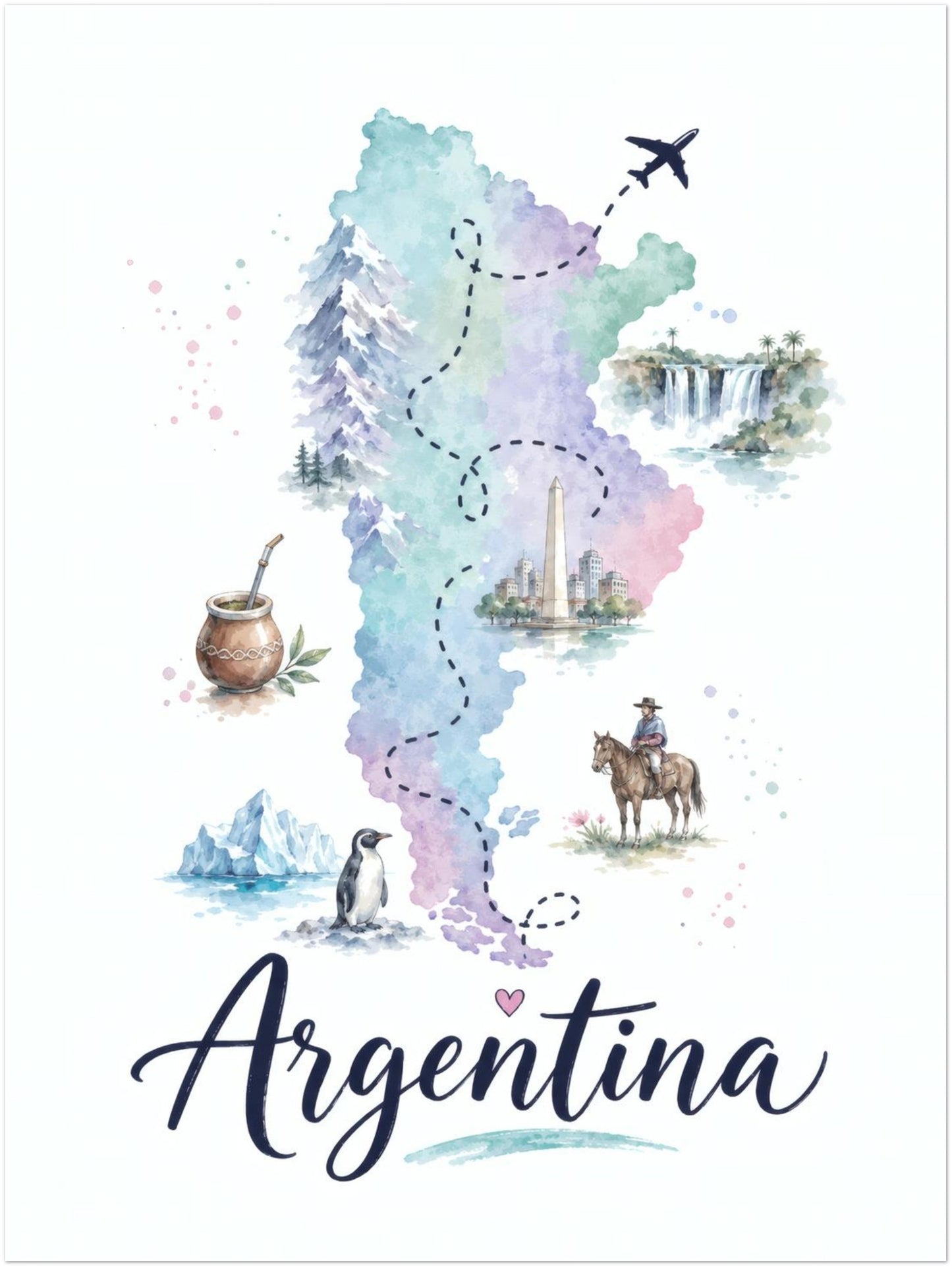 Unframed 12 x 16 inch Argentina poster featuring a vertical pastel watercolour map on a bright white background. Soft blue, green and purple washes define the country, while small cultural, wildlife and travel illustrations add detail around the map. A tiny aeroplane sits above the design and bold cursive Argentina lettering appears underneath.