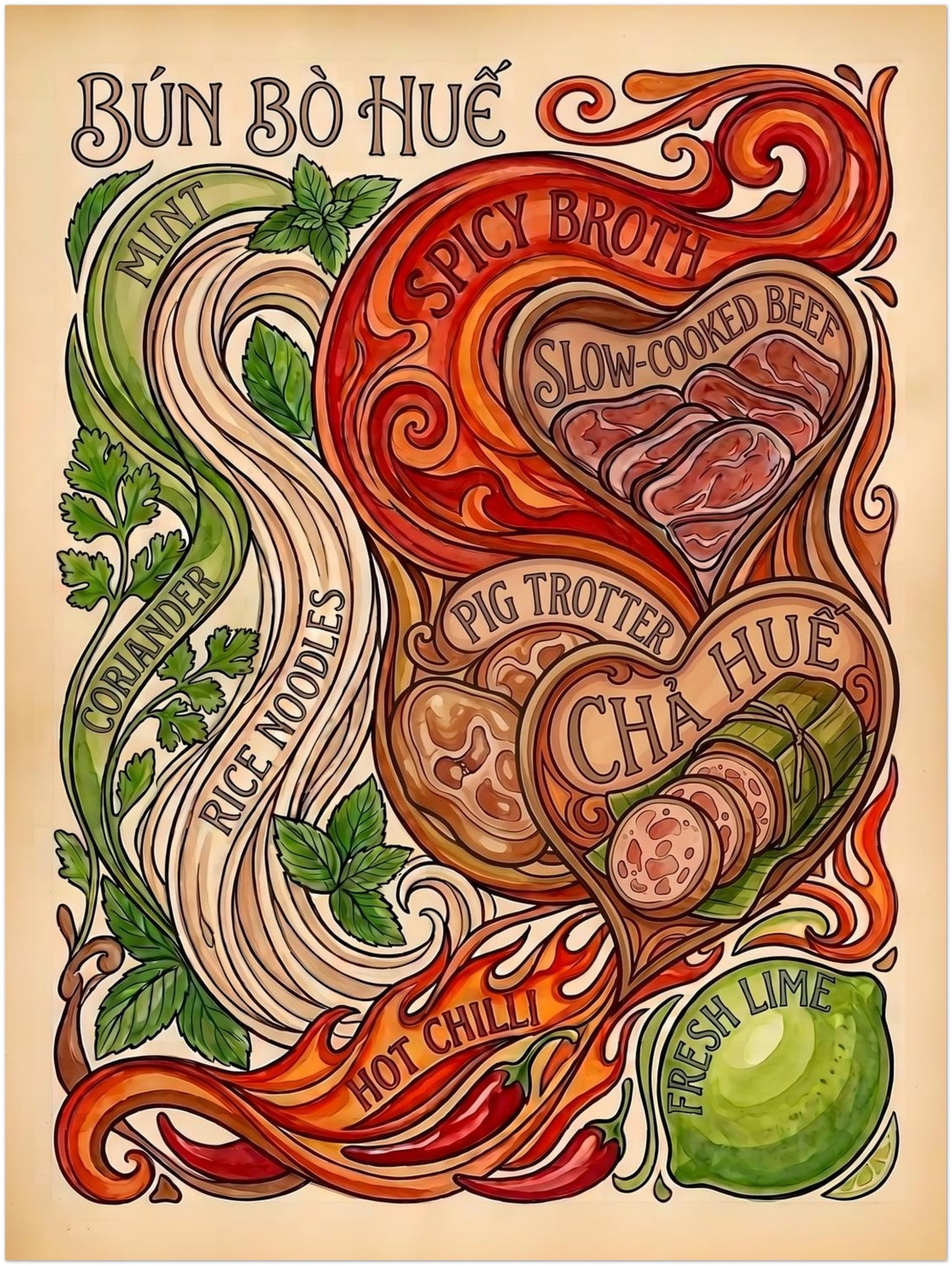 12x16 unframed Bun Bo Hue vintage recipe poster showing illustrated rice noodles, mint, coriander, lime, chilli, beef, pig trotter and chả Huế sausage in a bold hand-drawn layout. A useful mid-size Vietnamese food poster for kitchen decor, noodle soup wall art or foodie gift styling.