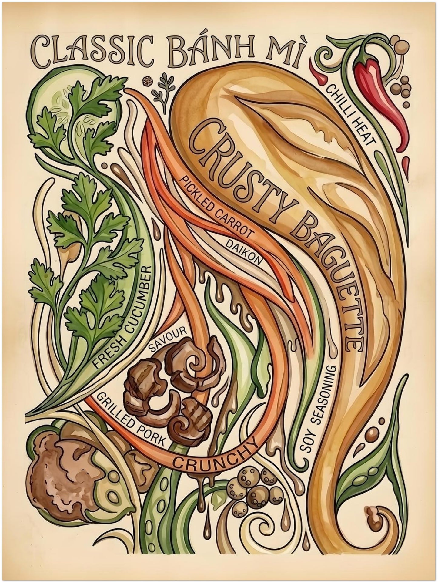 12x16 inch unframed Banh Mi kitchen wall art with a vintage recipe poster look. The design shows Vietnamese street food ingredients including baguette, chilli, coriander, cucumber, pickled carrot, daikon and grilled pork. A clean vertical food print for kitchens, cafés and modern dining spaces.