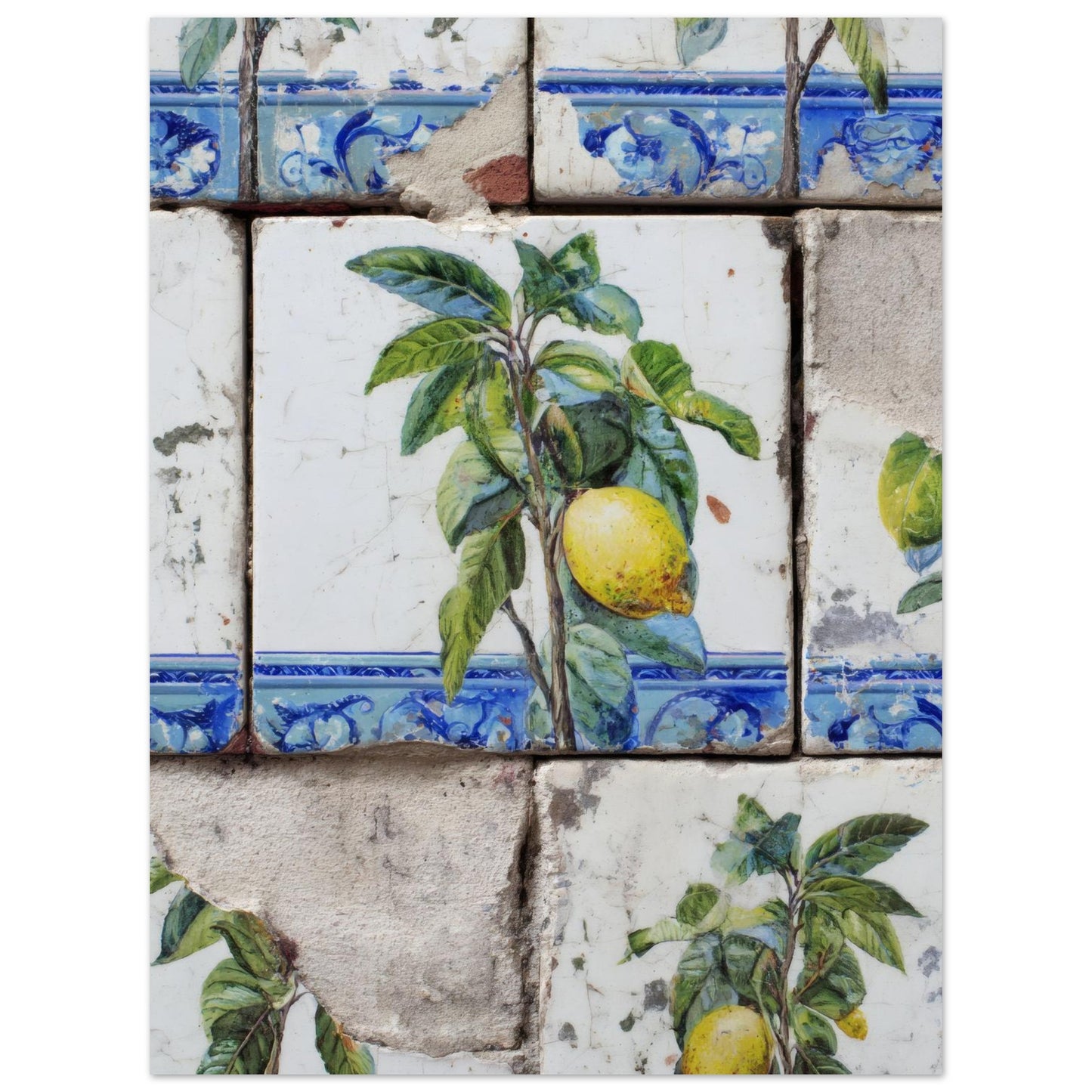 Unframed 12×16" lemon azulejo tile print on a plain white background, featuring Mediterranean ceramic tile design, blue detailing and clear representation of artwork scaling.