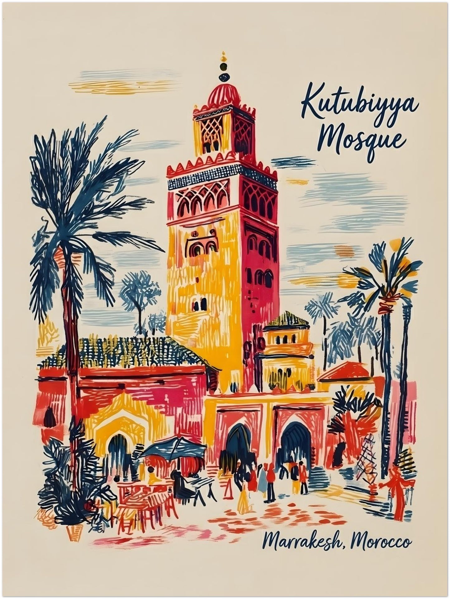12x16 inch unframed Kutubiyya Mosque print featuring colourful Moroccan architecture and everyday city detail from Marrakech. The design includes palm trees, arched doorways, small figures and outdoor tables around the mosque tower, all drawn in bold sketch-style lines. A strong unframed Marrakech art print size for wall display, giving clear detail and vertical impact without taking over the room.