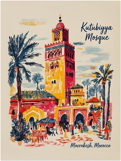 12x16 inch unframed Kutubiyya Mosque print featuring colourful Moroccan architecture and everyday city detail from Marrakech. The design includes palm trees, arched doorways, small figures and outdoor tables around the mosque tower, all drawn in bold sketch-style lines. A strong unframed Marrakech art print size for wall display, giving clear detail and vertical impact without taking over the room.