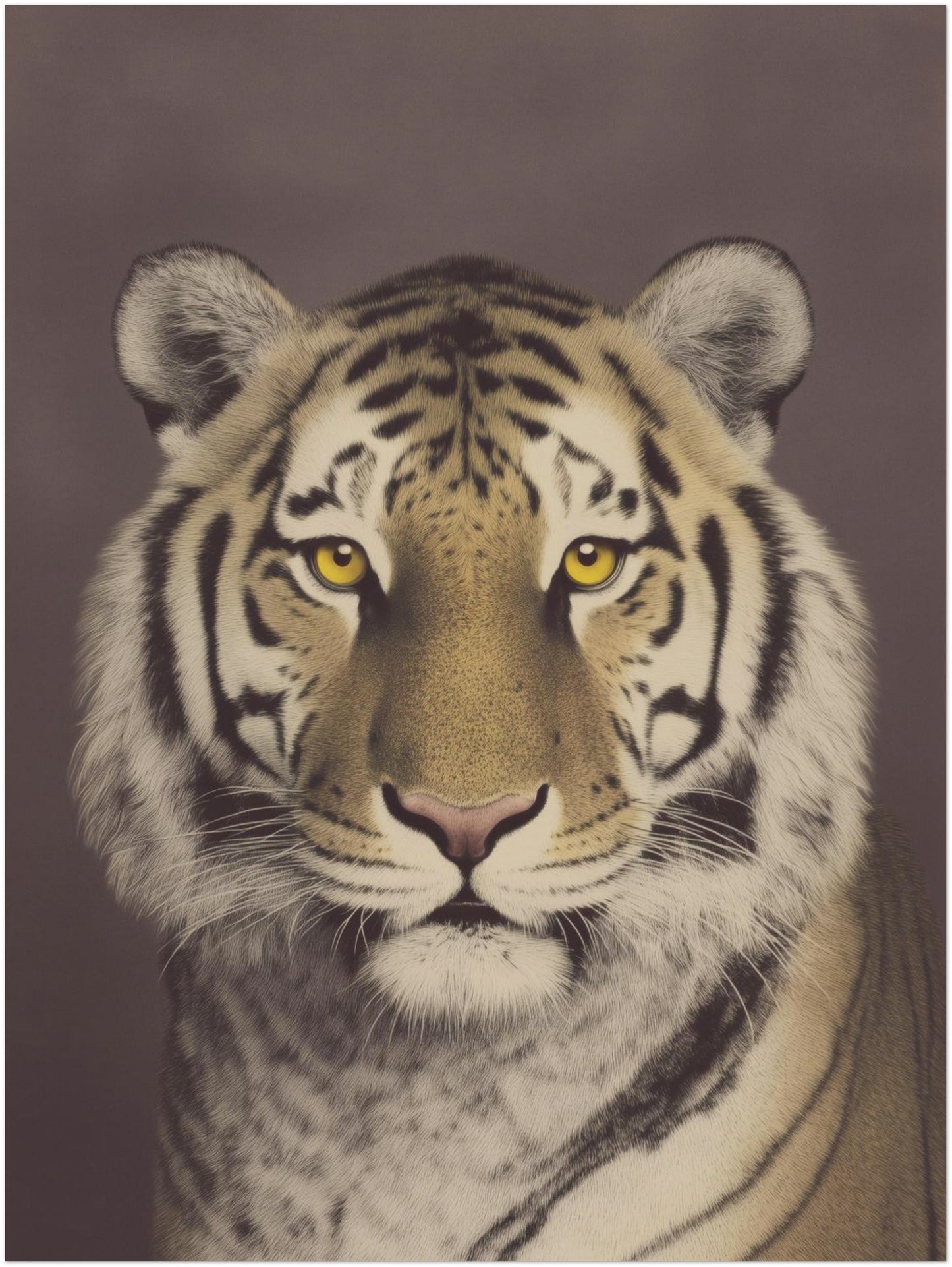 12x16 inch unframed Malayan tiger wall art print displaying a vintage style big cat portrait with defined black stripes and subtle colour tones. Compact wildlife decor piece ideal for smaller spaces, shelf styling or framed wall arrangements in home offices and living rooms.