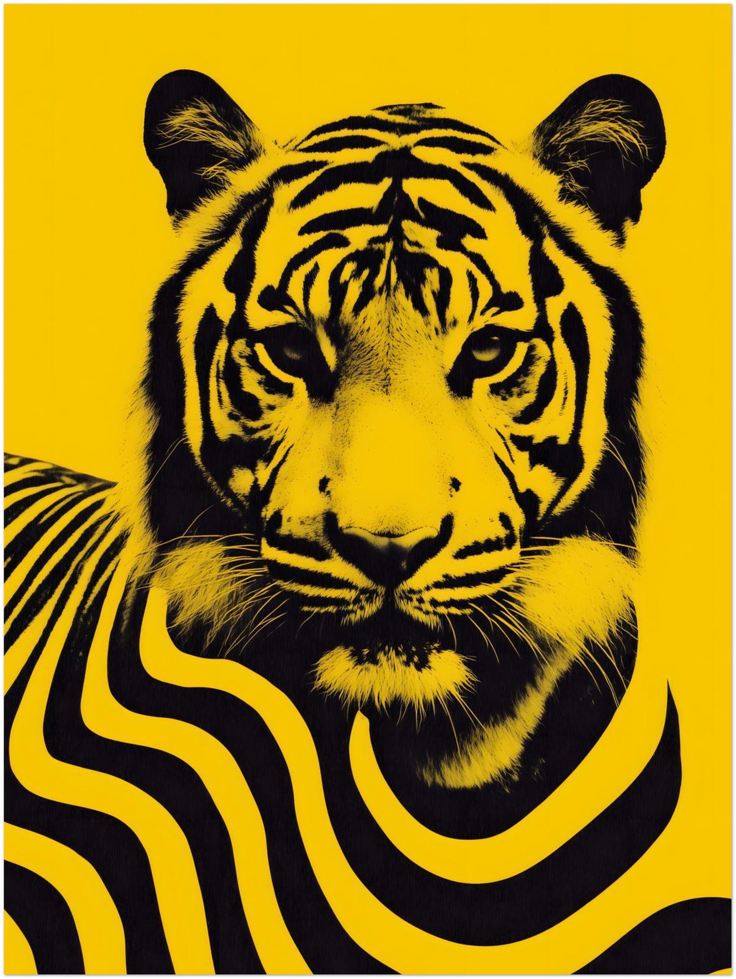 12x16 inch unframed Malaysian tiger wall art poster featuring a bold black tiger portrait with stylised flowing stripe patterns across the body set on a bright yellow background. Inspired by Malaysia’s national animal, the artwork uses contemporary graphic illustration and strong contrast to create a modern wildlife poster suitable for decorative wall displays.