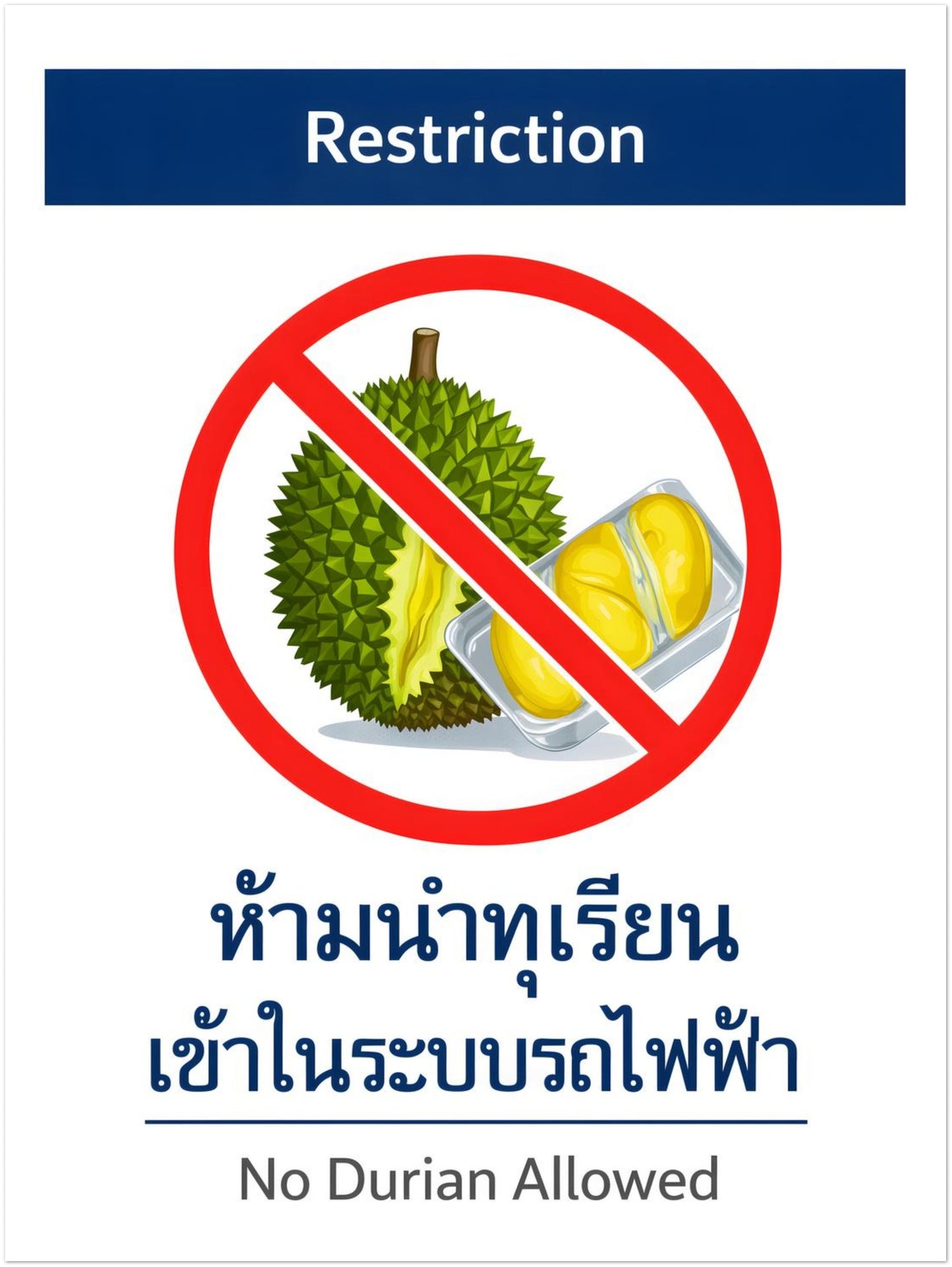 12x16 inch unframed No Durian Allowed poster reflecting Bangkok BTS metro durian prohibition signage. Displays bold red restriction symbol over fruit with bilingual Thai and English warning text. Compact Asian food wall decor suited for kitchens, apartments or travel-inspired gallery walls.