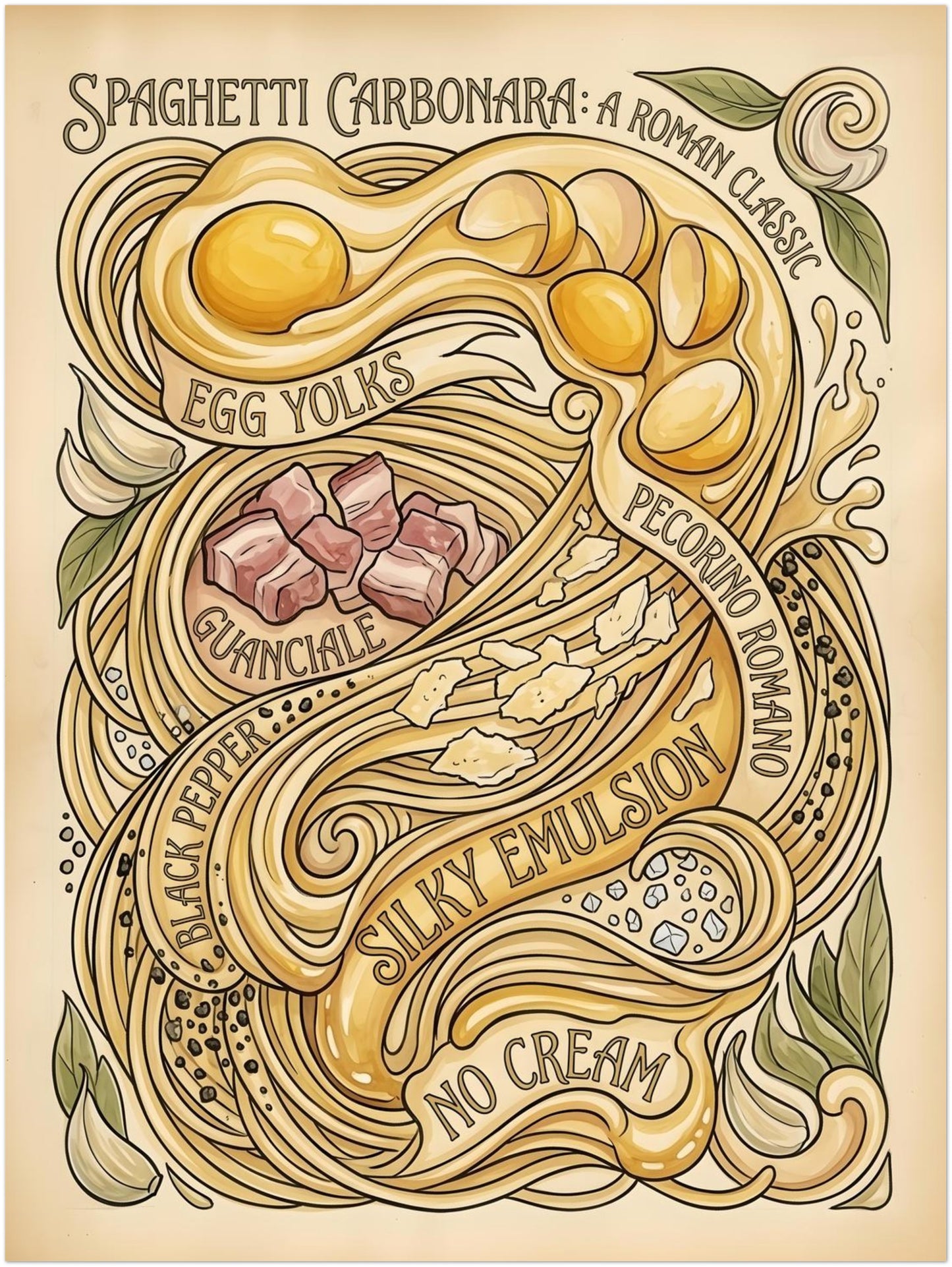 12x16 inch unframed pasta poster showing a full Spaghetti Carbonara design with long flowing noodles, egg yolks, guanciale, pecorino romano, black pepper, garlic and herbs. The artwork has a vintage recipe poster feel with hand-drawn lettering and muted beige tones. A balanced wall art size for kitchens, breakfast nooks, coffee stations or Italian food spaces wanting a retro food print.