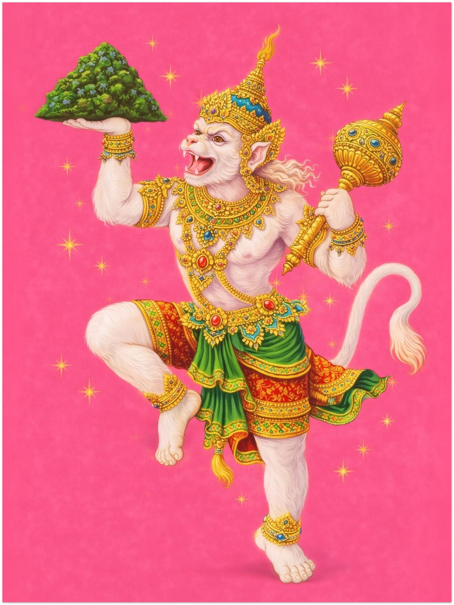 12x16 inch unframed Thai Hanuman Ramakien art print featuring the Hindu monkey god dancing on a vibrant pink backdrop. The illustration showcases ornate gold detailing and green costume elements rooted in Thai mythology. A spiritual folklore poster suitable for smaller wall spaces while maintaining bold colour presence.