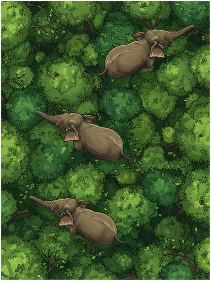 12x16 inch unframed tropical elephant forest wall art showing three elephants crossing a lush green jungle from an overhead perspective. Thick leafy canopy fills the image edge to edge, with the elephants placed in a calm diagonal line that adds movement and balance. A detailed animal art print for jungle wall art, forest illustration and nature-themed home decor.