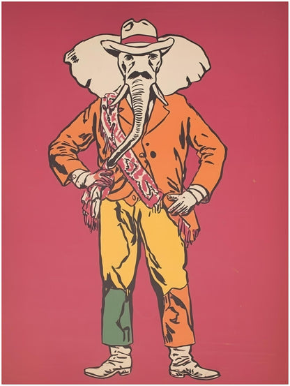 12x16 inch unframed Elephant Cowboy art print with a quirky western design showing an elephant in cowboy clothes on a deep red background. The figure wears a hat, orange jacket, sash, yellow trousers and boots, giving the piece a strong Americana look. A bold wall art choice for eclectic rooms, home offices, gallery walls, games rooms and western decor setups.