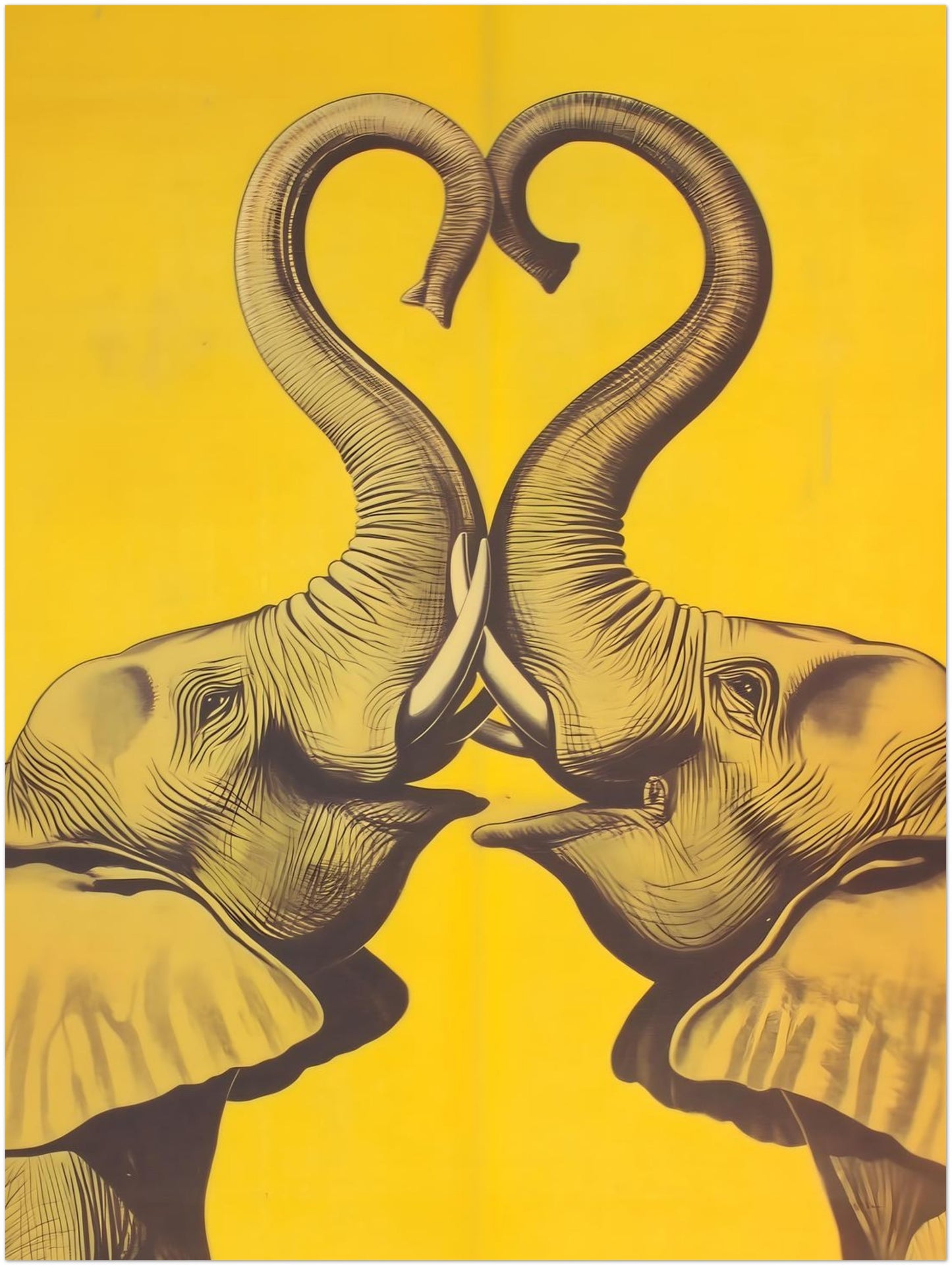 12x16 unframed elephant heart wall art presented as a clean product preview with no frame and no room styling. Two detailed elephants mirror each other across the centre, with lifted trunks forming a heart against a bold yellow background. Vertical elephant poster image ideal for elephant art print, yellow elephant wall art, animal wall decor, modern poster art, and giftable romantic wall decor terms.