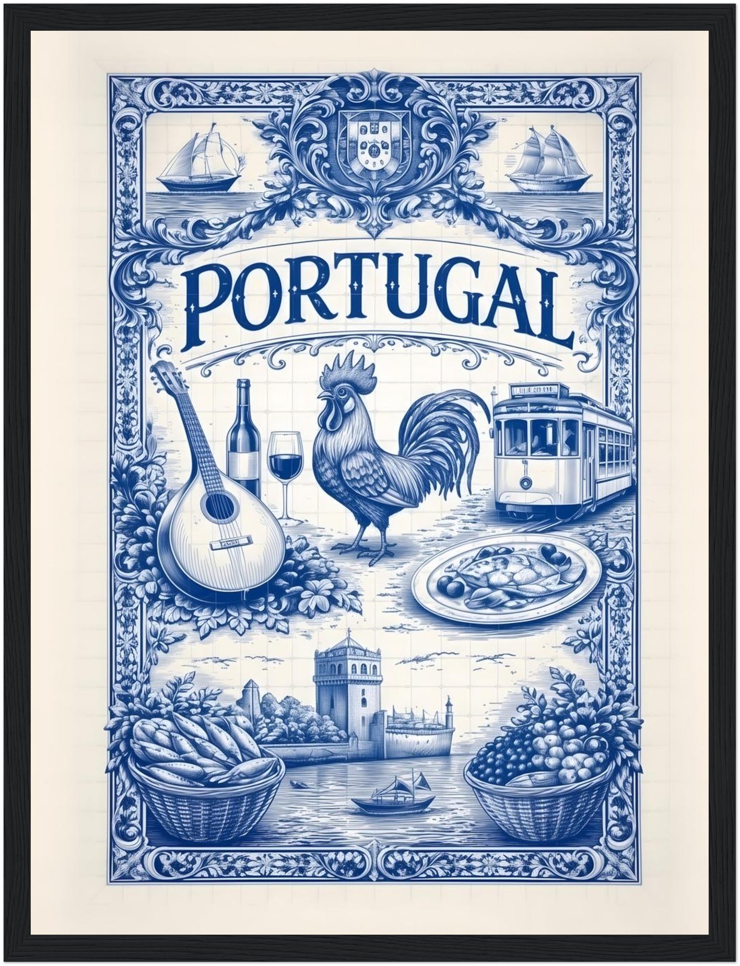 12x16 inch framed Portuguese tile art print in a black wood frame, displaying blue azulejo artwork.