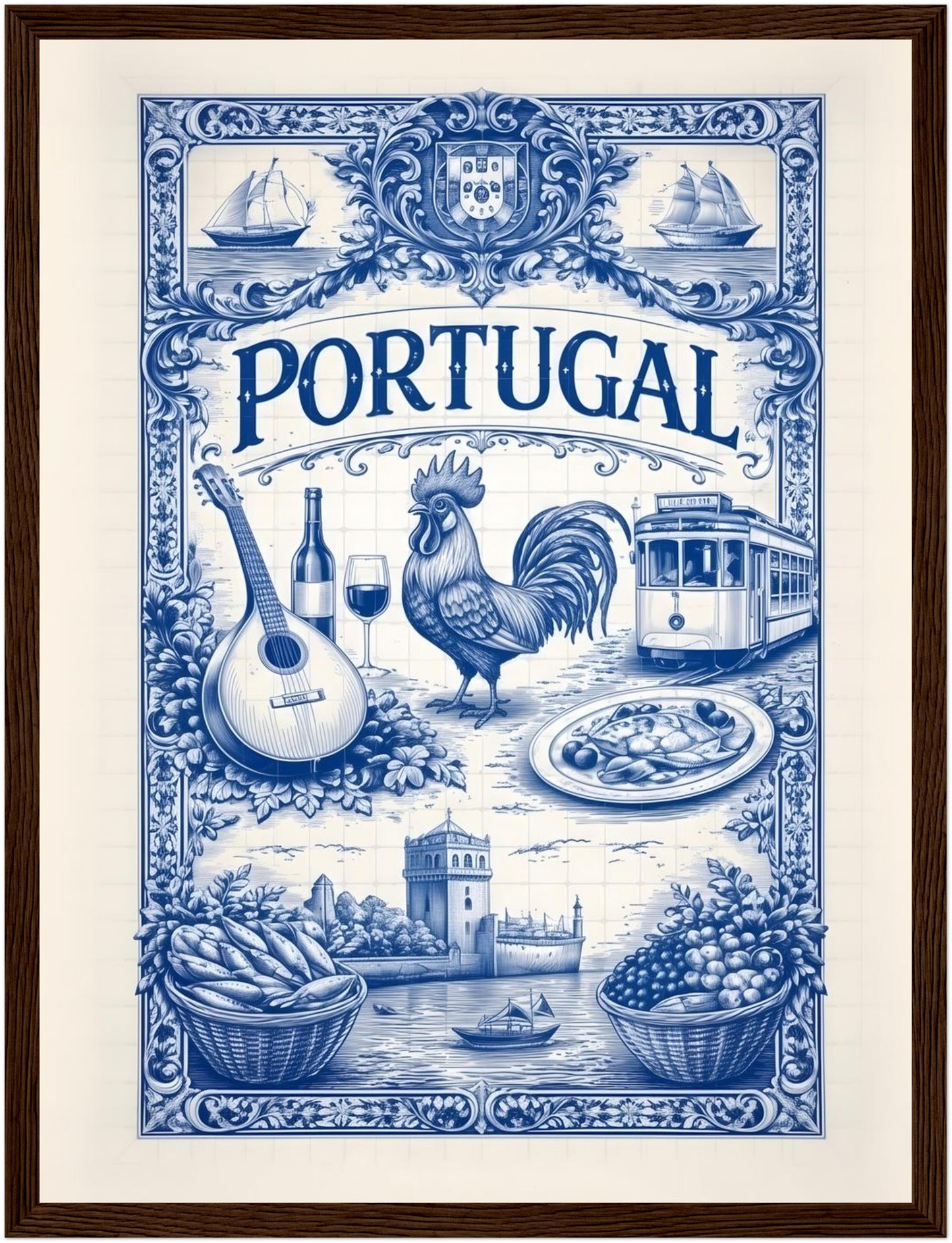 12x16 inch framed portugal azulejo poster in a dark wood frame, featuring traditional Portuguese tile symbolism.