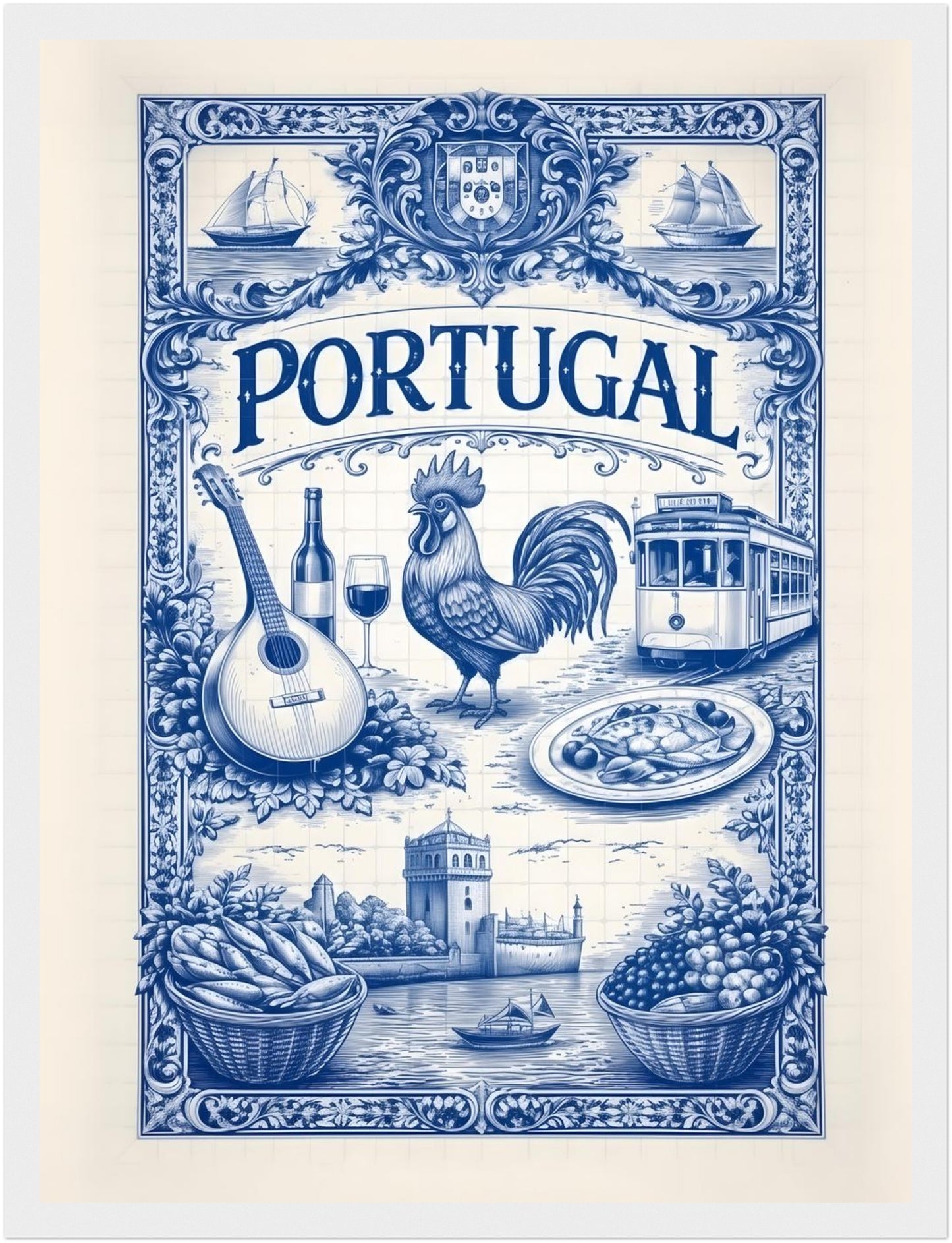 12x16 inch framed Portugal art poster in a white wood frame, showing blue azulejo tile artwork with Portuguese cultural imagery.