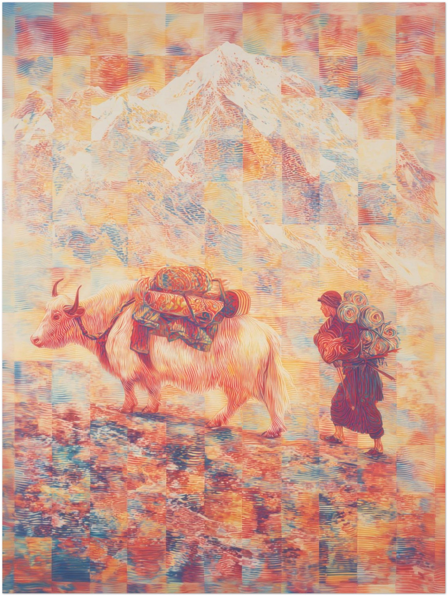 12x16 inch unframed Mount Everest poster with a surreal Tibetan yak and traveler scene. Abstract Himalayan travel art print blending folk culture with contemporary illustration style.