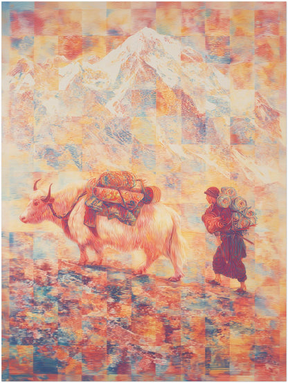 12x16 inch unframed Mount Everest poster with a surreal Tibetan yak and traveler scene. Abstract Himalayan travel art print blending folk culture with contemporary illustration style.
