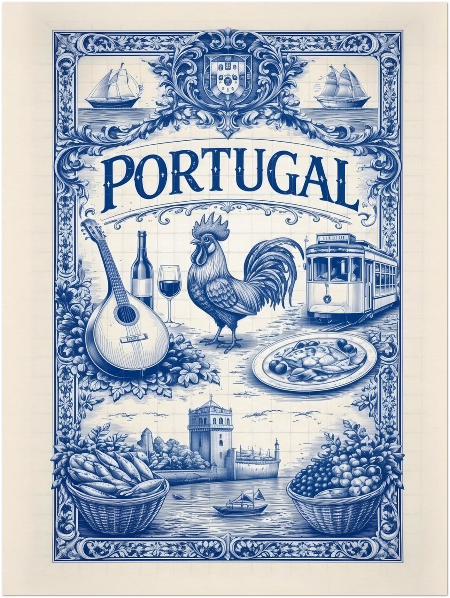 12x16 inch unframed Portuguese culture art print featuring blue azulejo-style tile illustrations inspired by Portugal traditions, travel, and everyday cultural symbols arranged in a decorative poster format.