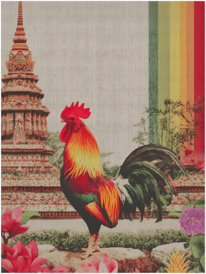Unframed 12x16 inch Thai rooster wall art print showing a striking rooster with layered feathers in front of ornate temple architecture inspired by Wat Arun. The visible canvas texture gives a painted feel, while the vivid rainbow stripe introduces a modern graphic accent. This mid-large format works well as statement wall art in lounges, dining rooms or hallways celebrating Thai cultural symbolism and colourful animal art.