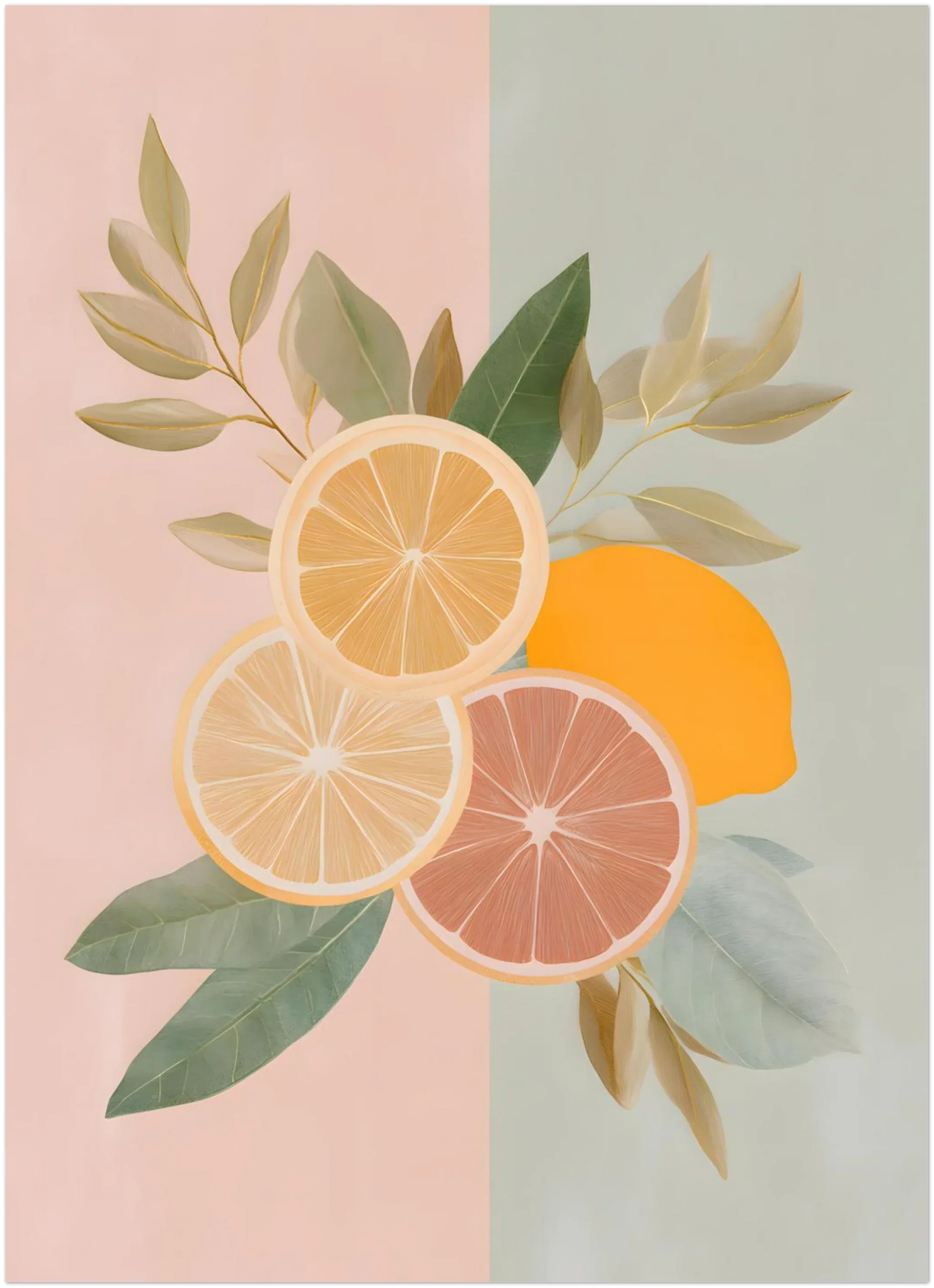 Pastel citrus fruit wall art mockup showing how the grapefruit, orange and lemon illustration appears in the 13×18 cm size, with a plain background displaying the crop, proportions and print layout clearly.