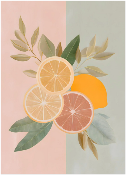Pastel citrus fruit wall art mockup showing how the grapefruit, orange and lemon illustration appears in the 13×18 cm size, with a plain background displaying the crop, proportions and print layout clearly.