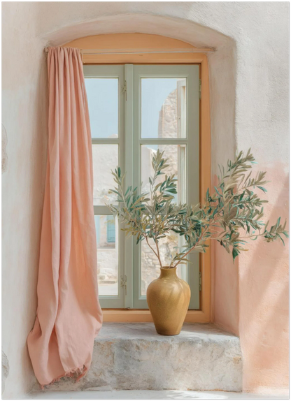 Pastel window-view art print displayed on a plain background in the 13×18 cm size, showing the adjusted crop of the peach curtains, window frame and vase to help customers understand scale and proportion.