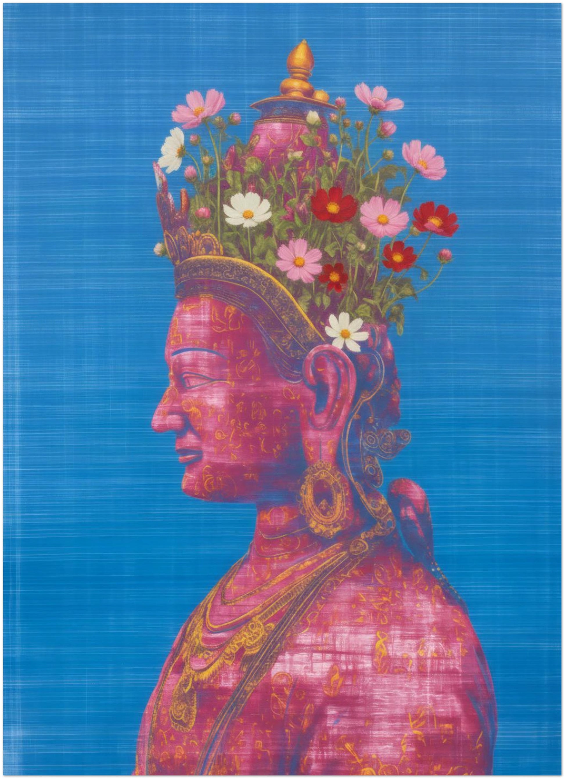 Unframed 13×18 cm (5×7") Pink Tara Buddhist art print on a white background, showing a sacred feminine deity portrait with floral crown, lotus symbolism and vibrant pink and blue tones scaled to a compact size.