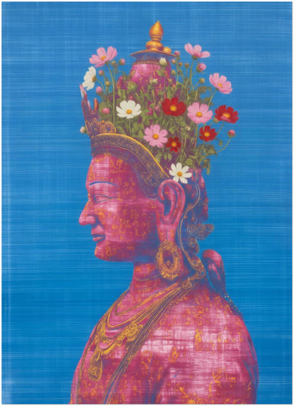 Unframed 13×18 cm (5×7") Pink Tara Buddhist art print on a white background, showing a sacred feminine deity portrait with floral crown, lotus symbolism and vibrant pink and blue tones scaled to a compact size.