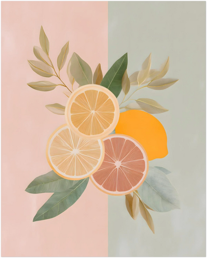 Pastel citrus wall art mockup in 16×20 inches, displayed on a plain background to show the artwork’s proportion, crop and the placement of the grapefruit, orange and lemon illustration at this larger size.