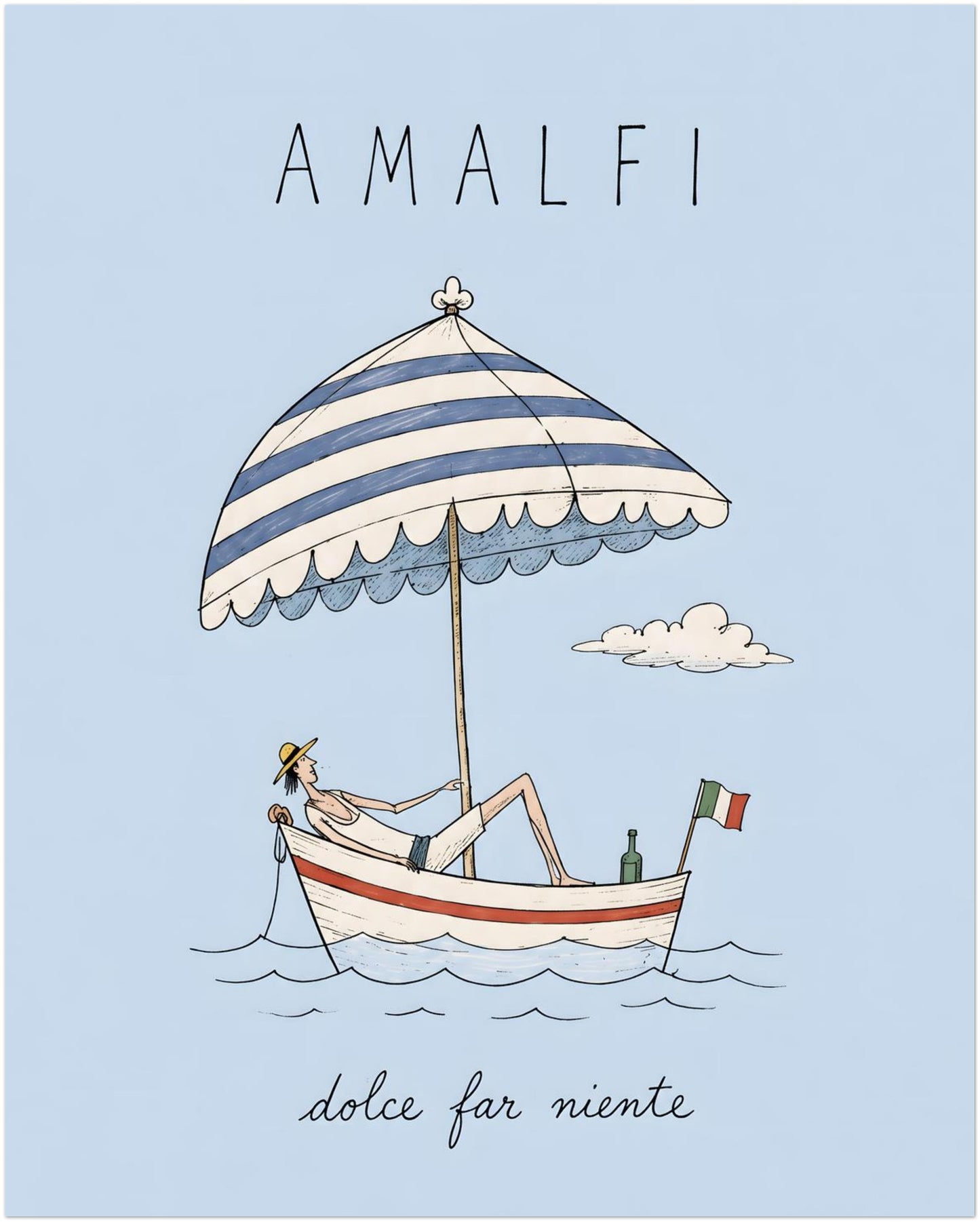 16x20 inch unframed Amalfi wall art with a playful hand-drawn boat scene, relaxed figure, striped parasol, soft blue sea, Italian flag and simple dolce far niente lettering.