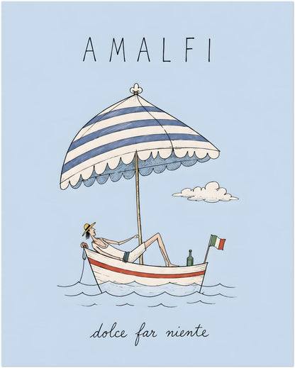 16x20 inch unframed Amalfi wall art with a playful hand-drawn boat scene, relaxed figure, striped parasol, soft blue sea, Italian flag and simple dolce far niente lettering.