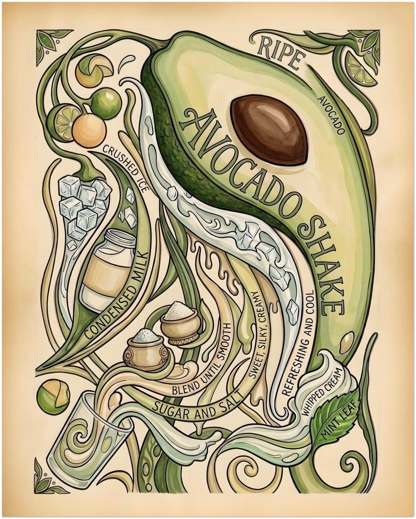 16x20 inch unframed avocado shake recipe poster featuring an illustrated avocado half with seed, winding botanical stems, small fruit details and stylised recipe lettering. The print has a vintage food poster feel with soft green, cream and earthy brown shades, making it a strong choice for kitchen decor, avocado wall art, botanical poster displays and fruit-themed interiors.