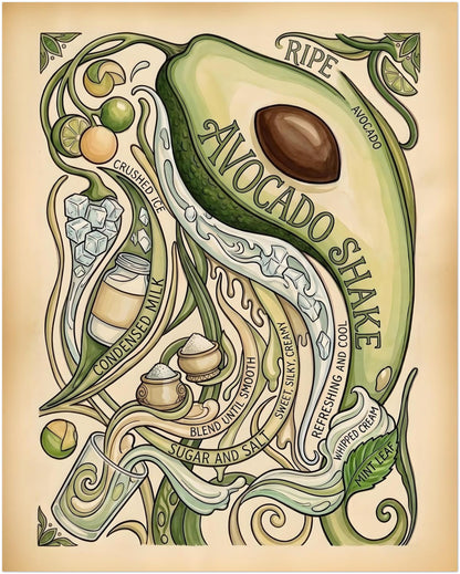 16x20 inch unframed avocado shake recipe poster featuring an illustrated avocado half with seed, winding botanical stems, small fruit details and stylised recipe lettering. The print has a vintage food poster feel with soft green, cream and earthy brown shades, making it a strong choice for kitchen decor, avocado wall art, botanical poster displays and fruit-themed interiors.