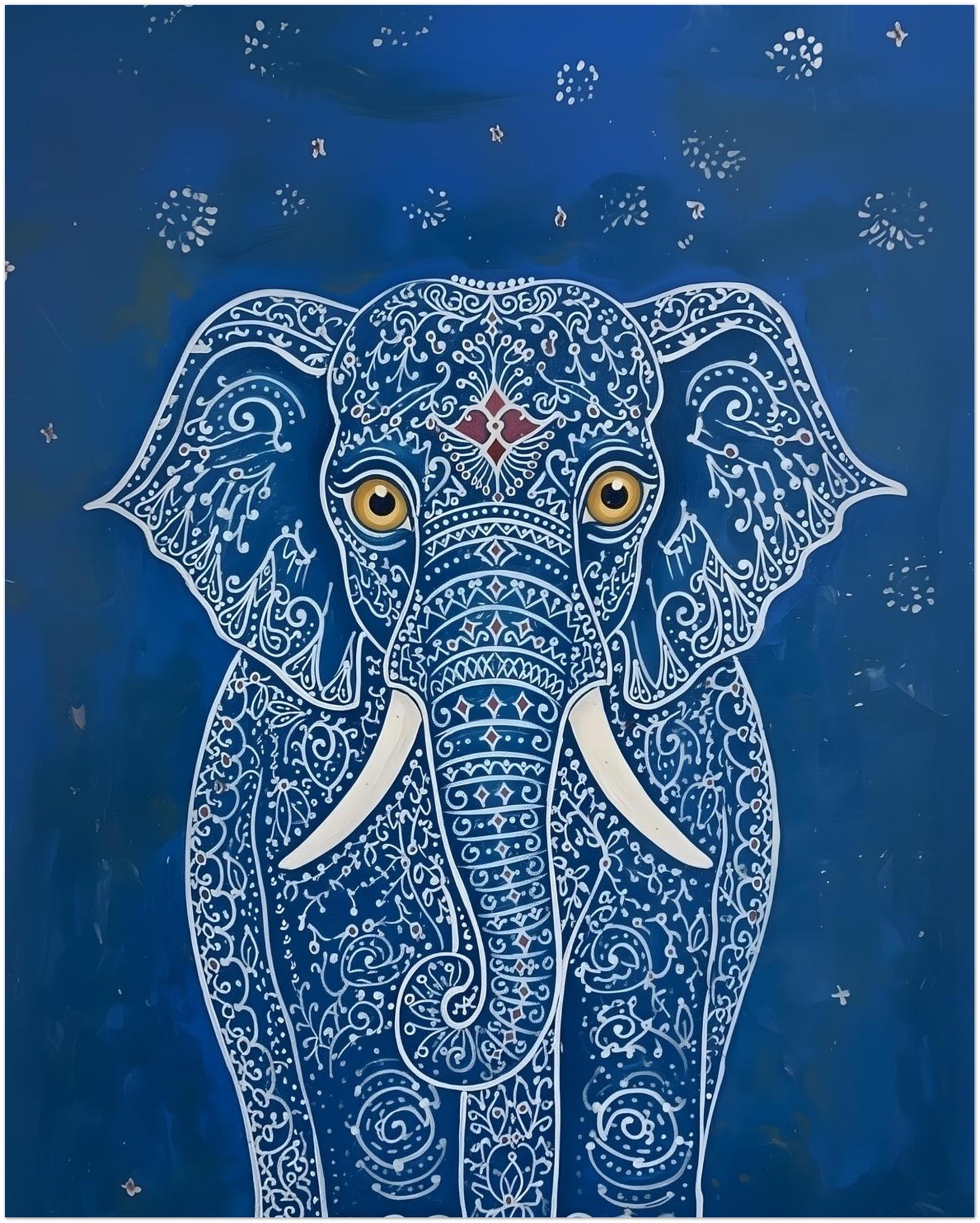 Thumbnail image of the 16x20 unframed Blue Indian Elephant Poster. The artwork features a front-facing elephant with detailed white decorative linework, gold eyes, white tusks and a deep blue background with subtle dotted accents. A medium-large elephant print for living room wall art, bedroom decor, home office styling and Indian-inspired animal artwork displays.