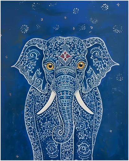 Thumbnail image of the 16x20 unframed Blue Indian Elephant Poster. The artwork features a front-facing elephant with detailed white decorative linework, gold eyes, white tusks and a deep blue background with subtle dotted accents. A medium-large elephant print for living room wall art, bedroom decor, home office styling and Indian-inspired animal artwork displays.