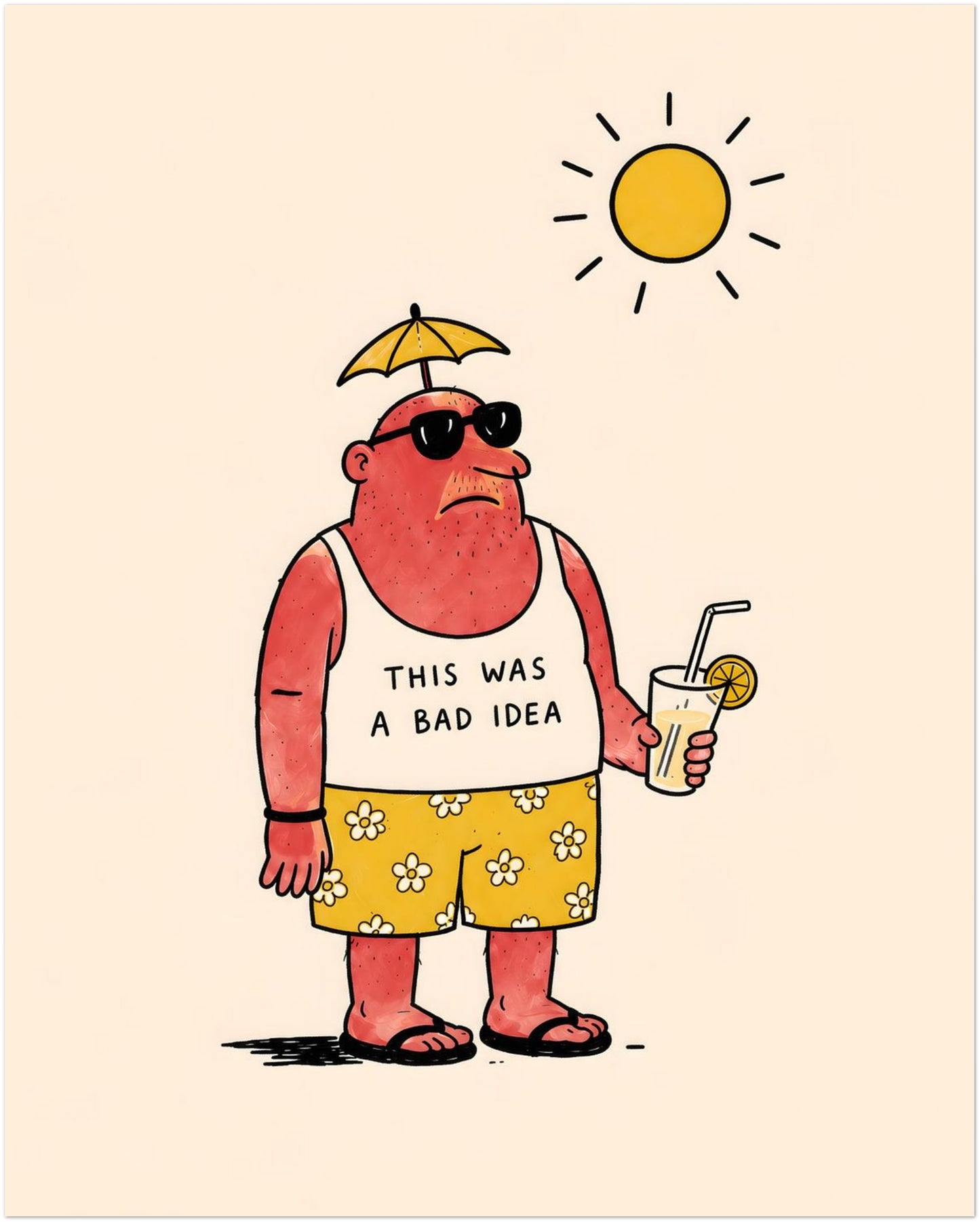 Funny travel wall art in 16x20 size with a cartoon sunburnt man wearing black sunglasses, yellow flower shorts and flip flops. He holds a drink beneath a bright sun while his vest says “THIS WAS A BAD IDEA”, making it a simple summer holiday poster with dry humour and beach trip style.