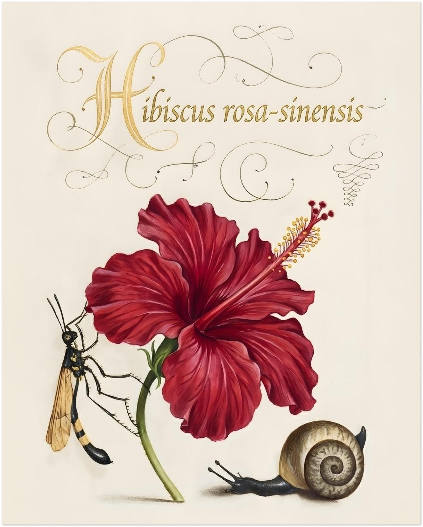 16x20 inch unframed hibiscus botanical illustration featuring a red hibiscus flower in a traditional plant study layout. The artwork shows labelled Hibiscus rosa-sinensis text, soft shading and natural petal detail, with a wasp and snail included. Botanical flower print inspired by vintage scientific illustration on a neutral cream background.