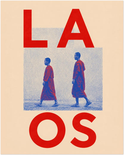 16 x 20 inch unframed Laos Buddhist wall art showing two monks in red robes walking across a blue stippled scene beneath bold red LAOS typography.