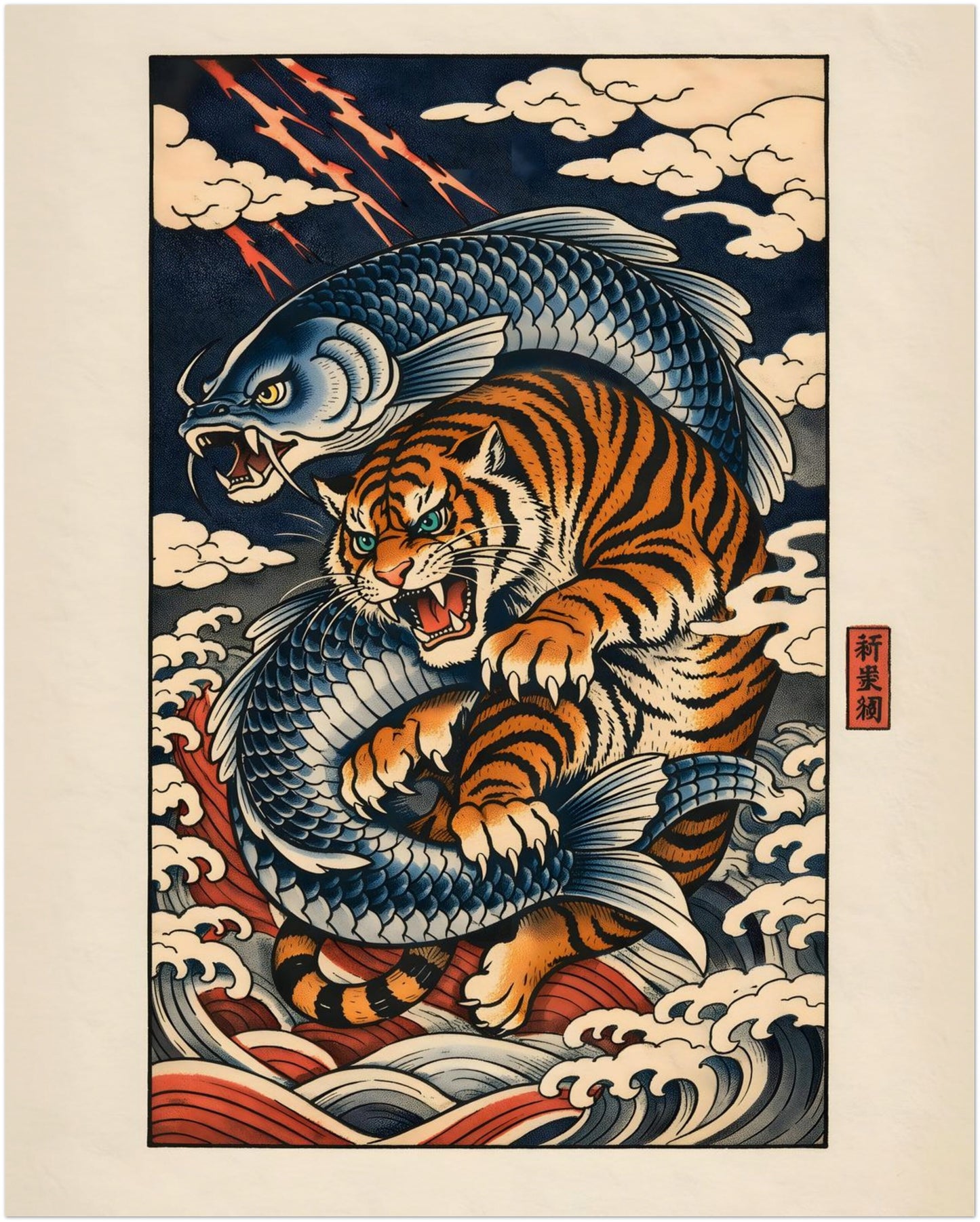 16x20 inch unframed Japanese tiger and koi poster highlighting a bold orange tiger intertwined with a blue koi fish amid curling navy waves. Traditional woodblock style detailing, cream background and red seal accents emphasise the authentic Asian aesthetic. This vertical wildlife wall art offers balanced proportions for home or office décor.