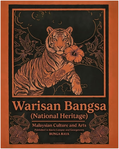 16x20 unframed Malaysia tiger wall art Warisan Bangsa National Heritage poster featuring a detailed tiger holding a hibiscus flower surrounded by decorative birds and floral patterns. Orange linework contrasts with a dark background creating a bold vintage Malaysian poster design inspired by traditional cultural illustration and national heritage symbolism.